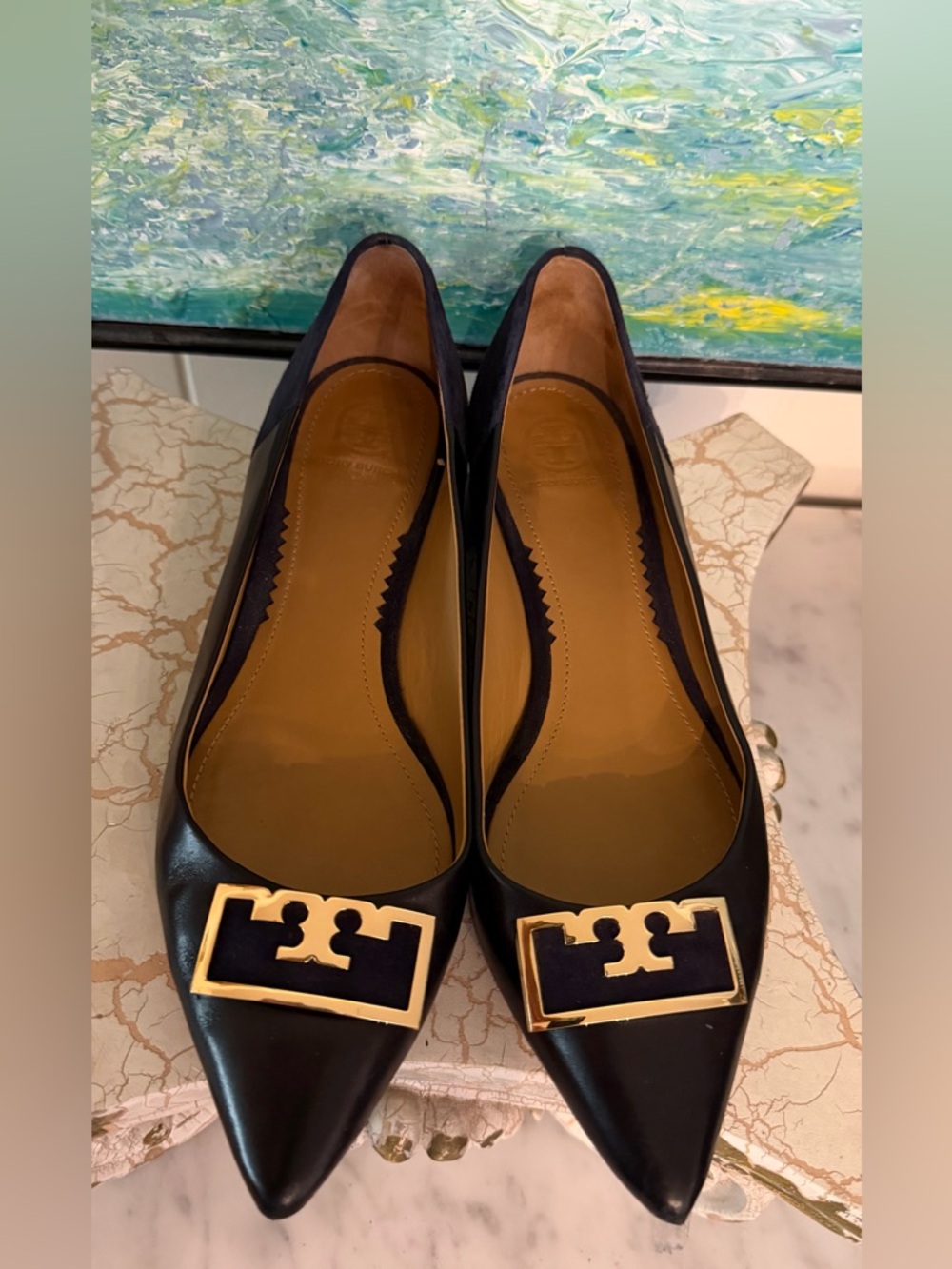 Tory Burch Gigi Black Pointed Toe Flats with Gold Logo - Picture 2 of 9